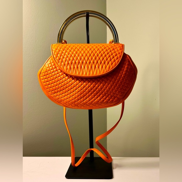 Bally Orange Quilted Leather Handbag with Unique Metal Handle - Picture 1 of 14